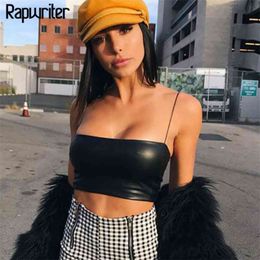 Sexy Off Shoulder Solid PU Camis Women Summer High Quality Spaghetti Strap Backless Streetwear Bra Tops 210510