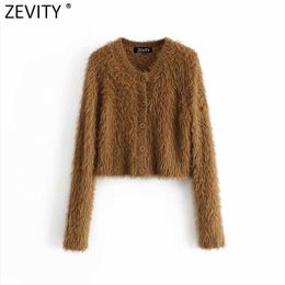Zevity Women Fashion O Neck Solid Colour Fur Short Knitting Sweater Femme Chic Single Breasted Cardigan Casual Tops S589 210603
