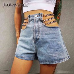 Metal Chain Denim Shorts Female Sexy Hollow out High Waist Women Fashion Clothes Korean Summer 210521