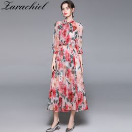 Summer Runway Elegant Chiffon Long Dress Women Bow Collar Lantern Sleeve Red Floral Print Boho Holiday Party Dresses 210416