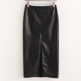 Women Summer Casual PU Skirts Positive Split Black Straight Office Lady Knee-Length Female Elegant Street Clothes 210513