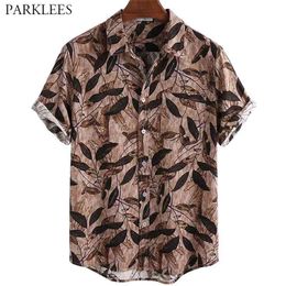 Retro Leaf Printed Men Shirt Hawaiian Beach Holiday Summer Shirts for Men Casual Button Up Mens Short Sleeve Shirt with Pocket 210524