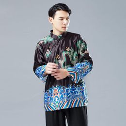 -Roupa étnica camisa de manga longa impressão Dragão mens tradicional chinês para homens retro tang terno estilo cheongsam top