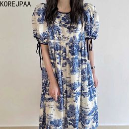 Korejpaa Women Dress Summer Korea Chic Retro Elegant Round Neck Ink Design Loose Wild Lace-up Bubble Sleeve Long Vestido 210526