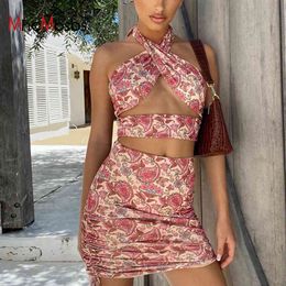 2 Piece Paisley Print Halter Bandage Tops Women Sexy Backless Slim Club Party Chic Mini Skirts Set Summer Corset Top Outfit 210517