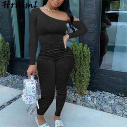 Jumpsuits for Women Casual Long Sleeve One Shoulder Stacked Pants Plus Size Solid Sweatsuit Sportswear Romper Bodysuit 210513