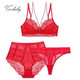 Varsbaby sexy unlined 3/4 cup underwear floral lace 3 pcs bras+high-waist panties+thongs for ladies 211104