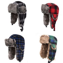 Outdoor Hats Woolen Hat Unisex Plaid Thickened Earmuffs Winter Cap Beanie Bomber Cycling Skiing Skating Faux Fur Earflap Snow Caps