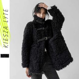 Black fur Lamb Wool Coat for Women Winter Korean Style Loose Warm Heavy Woollen Coats Casual Jackets 210608