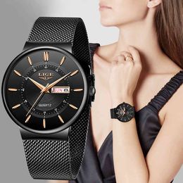 LIGE Women Watches Top Brand Luxury Watch For Women's Simple All Steel Waterproof Wrist Watches Black Quartz Clock Gift 210517