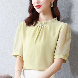 Korean Women's Shirt Chiffon Blouse for Women Embroidered Flores Pink Stand Neck Top Female Woman Basic s 210604