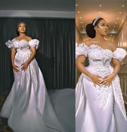 2022 Sexy Luxury Pearls Overskirts Mermaid Wedding Dresses Bridal Gowns Off Shoulder Lace Crystal Detachable Train Sexy Open Back Formal Plus Size African Nigerian