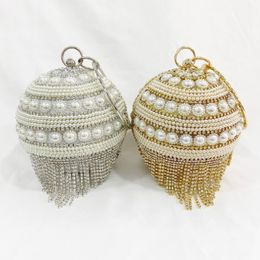 Ball Design Beading Tassel Rhinestones Evening Bags New Arrival Circular Pearl Wedding Party Day Clutch