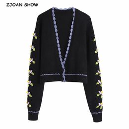 French Style Wave edged Knitting Cardigan Women Single-breasted Button Long Sleeve Embroidery Flower Sweater Jumper Knitwear 210429