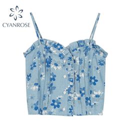 Fashion Trendy Floral Print Camisole Women Summer Sweet Korean Sleeveless Crop Top Spaghetti Strap Ruffled Buttons Vest 210515