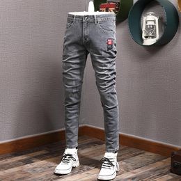 Men's Jeans Korean Style Fashion Designer Men Retro Gray Elastic Slim Ripped Winter Velvet Warm Casual Denim Pencil Pants