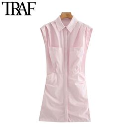 TRAF Women Chic Fashion Side Gathered Pockets Mini Dress Vintage Sleeveless Pleated Shoulders Female Dresses Vestidos 210415