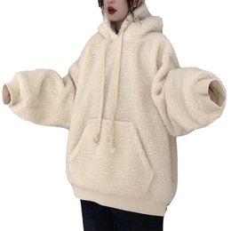 Winter Lamb Plush Warm Ladies Pullover Solid Color White Plus Velvet Thickening Casual Loose Lantern Sleeve Women Hoodie 211109