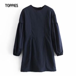 Toppies Casual Lantern Sleeve Mini Dress Vintage Navy Blue Slim Dress Female Slim Blouses O-Neck Solid Color 210412