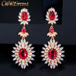 Yellow Gold Color Indian Red CZ Crystal Vintage Ethnic Bridal Long Big Wedding Earrings Jewelry for Women CZ301 210714