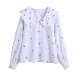 Elegant Women Floral Embroidery Shirts Fashion Ladies White Peter pan Collar Tops Streetwear Female Chic Blouses 210527