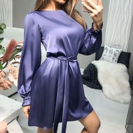 Women Satin Dress Long Lantern Sleeves O Neck Spring Summer Elegant Office Ladies Fashion Female Solid Vestidos Robes 210416