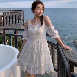 Women Hollow Out Embroidery Cotton White Mini Dress Sexy Slash Neck Off Shoulder Casual Beach Party Vestidos 210519