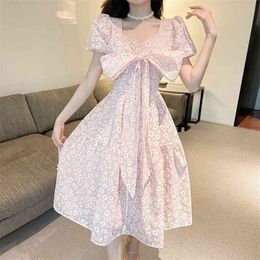 Summer Daisy Floral Bow Sweet Long Fairy Dress Women Puff Sleeve Elegant Korean Vacation Party Casual Robe Femme 210514