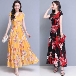 Summer Floral Chiffon Beach Boho Sundres Bodycon Elegant Maxi Vestidos Print Vintage Long Dress 210531