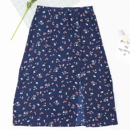 High waist print long skirt Women split maxi floral fashion beach Female chic vintage Summer 210520