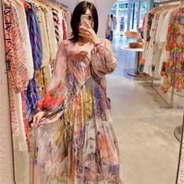 Tie Dye Printed Beach Dress Women's Summer V-neck Loose Lace Up Waist Lantern Long Sleeve Dresses 5E257 210427