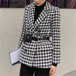 Warm Thick Houndstooth Women Woollen Coat Winter Korean Vintage Elegant Fashion Jacket Notched Collar Wool & Blend 210513