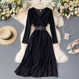 Neploe New Elegant V-neck Slim Waist Dress Vintage A-line Women Dresses Chic Panelled Party Vestidos With Belt 1H275 210423