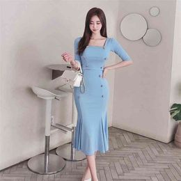 two-piece summer Korean style slim double-breasted knitted jacket bag hip fishtail skirt suit 210416