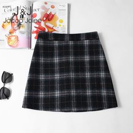 Jocoo Jolee Vintage Harajuku Plaid Skirt Casual High Waist Woolen Chic a Line Skirt Women Winter Korean Style Warp Pencil Shirt 210518