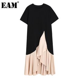 [EAM] Women Apricot Spliced Ruffle Elegant Dress Round Neck Short Sleeve Loose Fit Fashion Spring Summer 1DD8178 210512