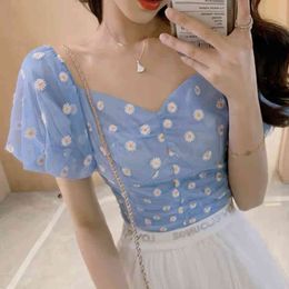 daisy embriodery tull blouse tops women vintage lantern sleeve floral blue crop tops autumn sunflower ruched tops 210415