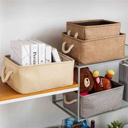 Linen Fabrics Folding Storage Boxes Bins With Rope Handles For Kids Toys Organizer Cabinet Clothes Basket Drawer Organizers 210922