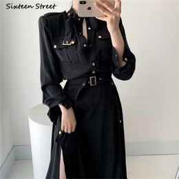 Vintage Cargo Dress Woman with Belt High Waist Single-breasted Vestidos Clothing Korean Chic OL Black Maxi Dresses Female 210603