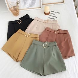 Office Elastic Waist Shorts Women Mini High With Belt Wide Leg Summer Harajuku Korean Short Feminino 210719