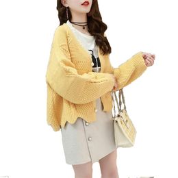 Short paragraph knitted sweater women long sleeve loose tops Cardigan autumn V neck yellow green blue fashion LR563 210531