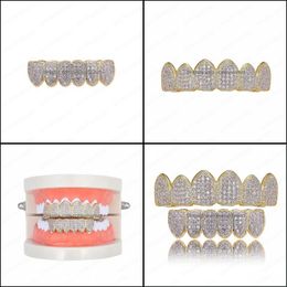 Grillz, Dental Grills Body Jewelry Hip Hop Grillz Pave Cz Stone Iced Out Mouth Teeth Caps Top & Bottom Tooth Set Gold Color Men Women Vampir