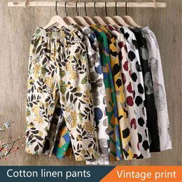 Wide Leg Pants Women Spring Summer Vintage Casual Cotton Linen Hippie Cropped Elastic Waist Printed Boho Harem 210915