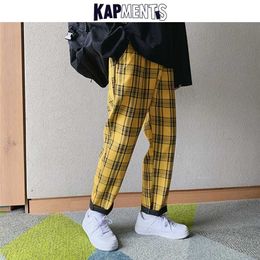 KAPMENTS Streetwear Yellow Plaid Pants Men Joggers Man Casual Straight Harem Pants Men Korean Hip Hop Track Pants Plus Size 220108