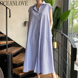 Korean Shirt Dress Women Striped Vintage Loose Summer Dresses Brief Fashion Vestidos Elegant Robes Femme 17065 210415