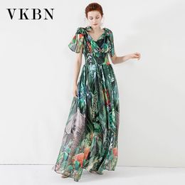 VKBN Summer Dress Women Sleeveless Bow V-Neck Fashion Leaves and Animals Printing Long Dresses for Women Elegant 210507