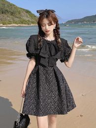 Summer Clothing Vintage Black O Neck Puff Short Sleeve Jacquard Dress Women Mini Bow Loose Vestido Feminino High Waist Street 210610