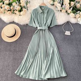 SINGREINY Elegant Pleated Dress Women Turn-down Collar Short Sleeve Sashes A-line Dresses Summer Korean Streetwear Long Dress 210419