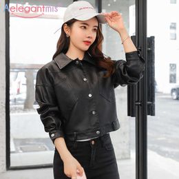 Aelegantmis Fashion Pockets Short PU Faux Leather Jacket Women Brand Spring Autumn Coat Ladies Outerwear Black 210607