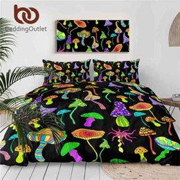 BeddingOutlet Psychedelic Mushroom Duvet Cover With Pillowcase Rainbow Colorful Bedding Set Fantastic Abstract Art Teen Bedlinen 210721